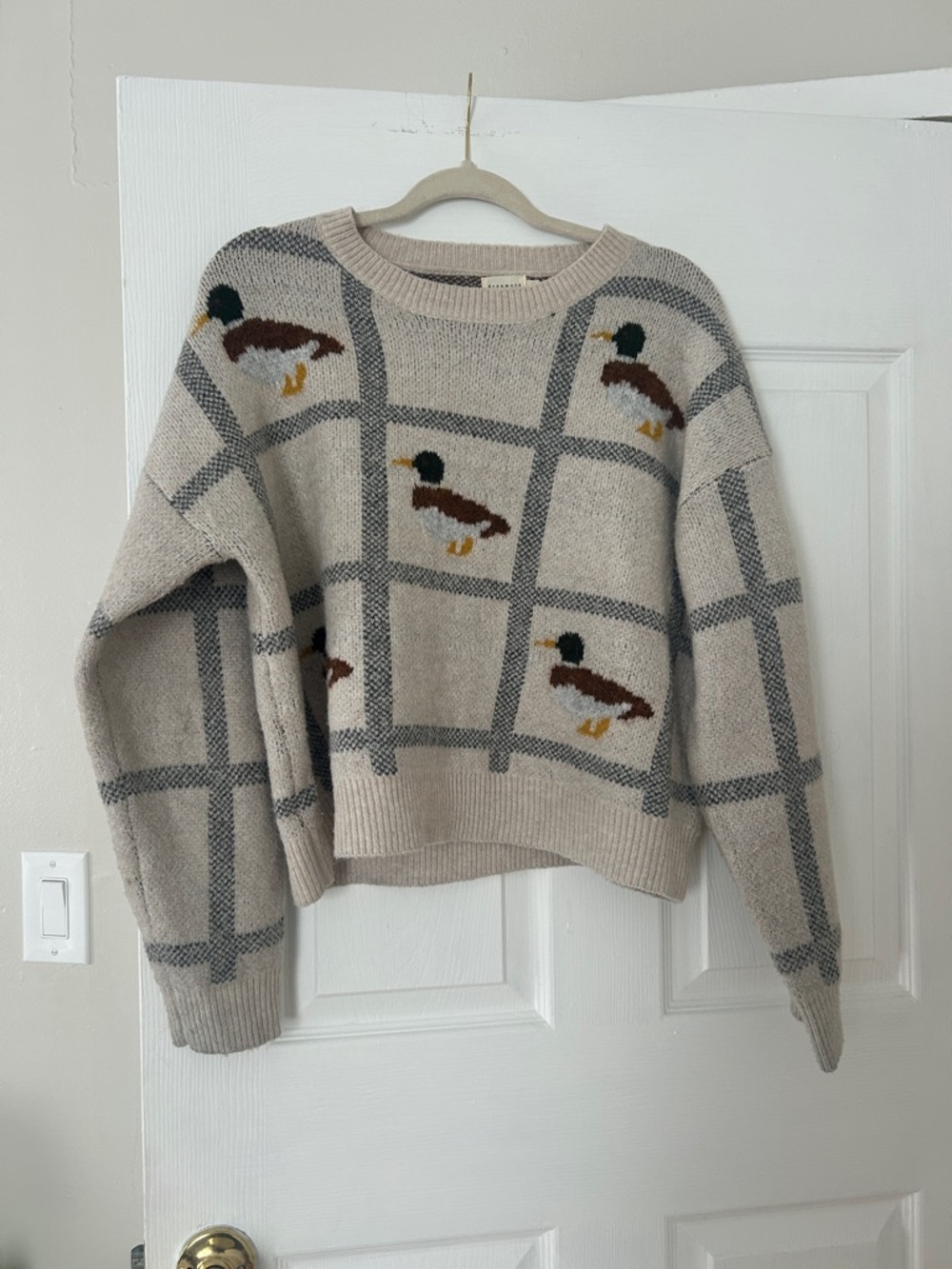 Neutral Plaid Duck Intarsia Crewneck Sweater - Women's